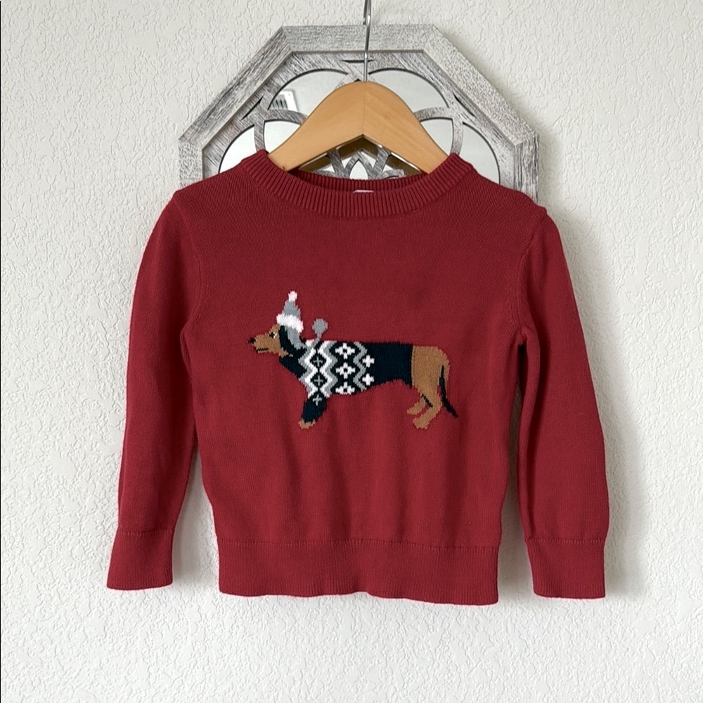 GAP • Red Soft Knit Crewneck Christmas Sweater with Fun Pup Figure Embroidery